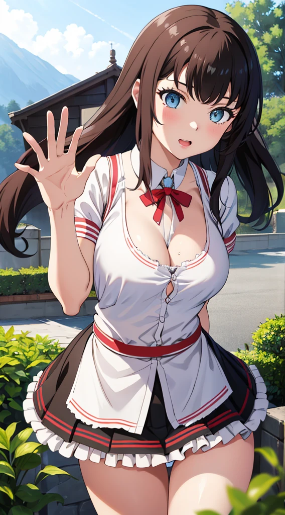 ミニスカートからパンティ見えてる、Without skirt、White underwear、In underwear、Panties in full view、White panties、Blue Stripes々Large bra 1, 1girl, asahina mikuru, long hair, kita high , solo,  short sleeves, red ribbon, large breasts, cowboy shot, waving, outdoors, leaning forward,Underwear in full view