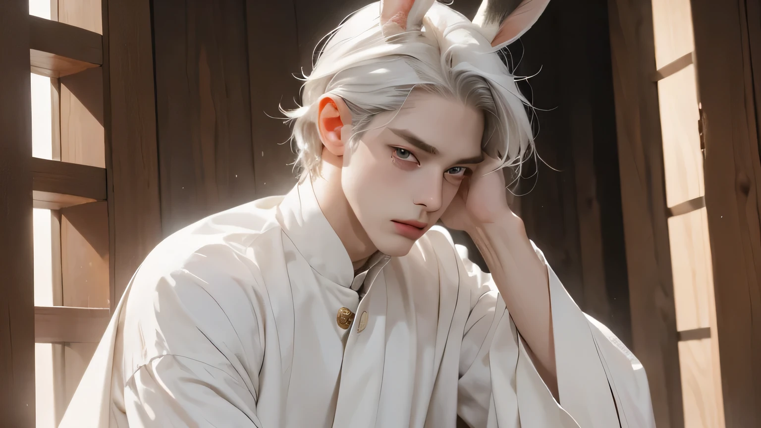 one handsome man, white hair, widow's peak, rabbit ears, shy, streaming tears, ((a bell)), god rays, high detail, f/4.0, masterpiece, anatomically correct, high quality