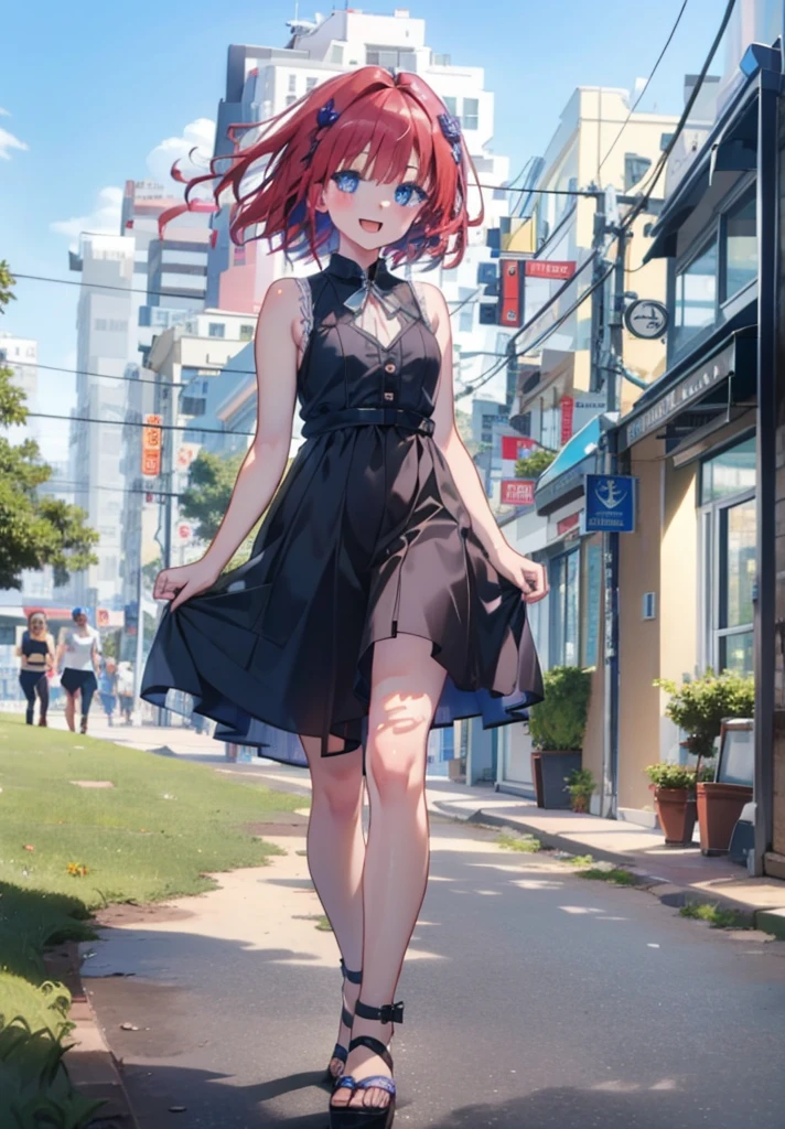 (masterpiece, Highest quality:1.2),shape,8K,High resolution,Say something happy smile, smile, Open your mouth,,Redhead,Long Hair,Purple eyes,1 Girl,sleeveless black dress,Bare arms,Black long skirt,Cute Sandals,walking,Daytime,Clear skies,
break looking at viewer,whole body,
break outdoors, Coastal Road,
break (masterpiece:1.2), Highest quality, High resolution, ユニティ 8K 壁紙, (shape:0.8), (Beautiful and beautiful eyes:1.6), Highly detailed face, Perfect lighting, Highly detailed CG, (Perfect hands, Perfect Anatomy),