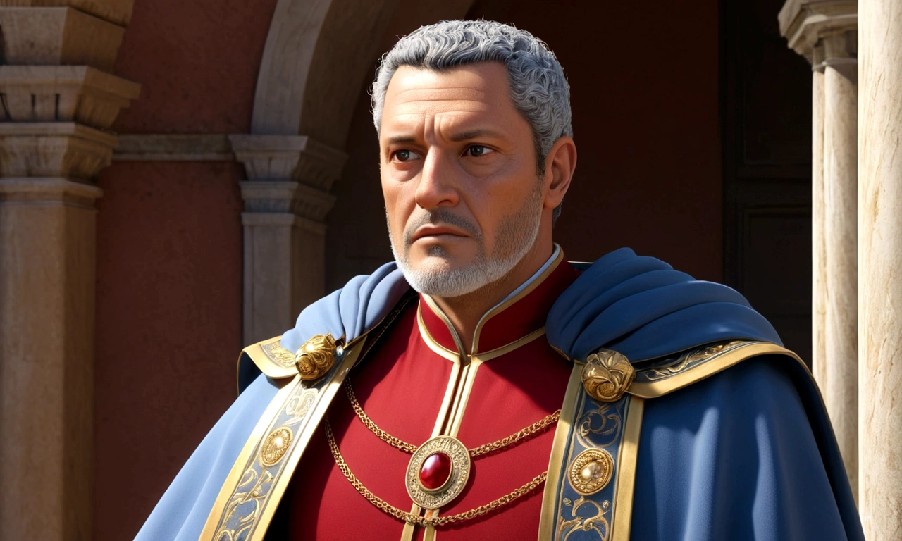 Julio Cesar, in middle age, is portrayed with an aristocratic and refined figure. His features are marked by a carefully trimmed beard and slightly gray hair., that reflect your experience and maturity. He wears robes richly decorated with gold details., indicative of your high status, and a red cape that flows elegantly around you. Their eyes, penetrating and intelligent, convey both the political astuteness and strategic vision that made him a legendary figure in Rome. Beside him, Calpurnia, sua esposa, complements its presence with a quiet dignity, symbolizing support and stability amid the intrigues of the time.