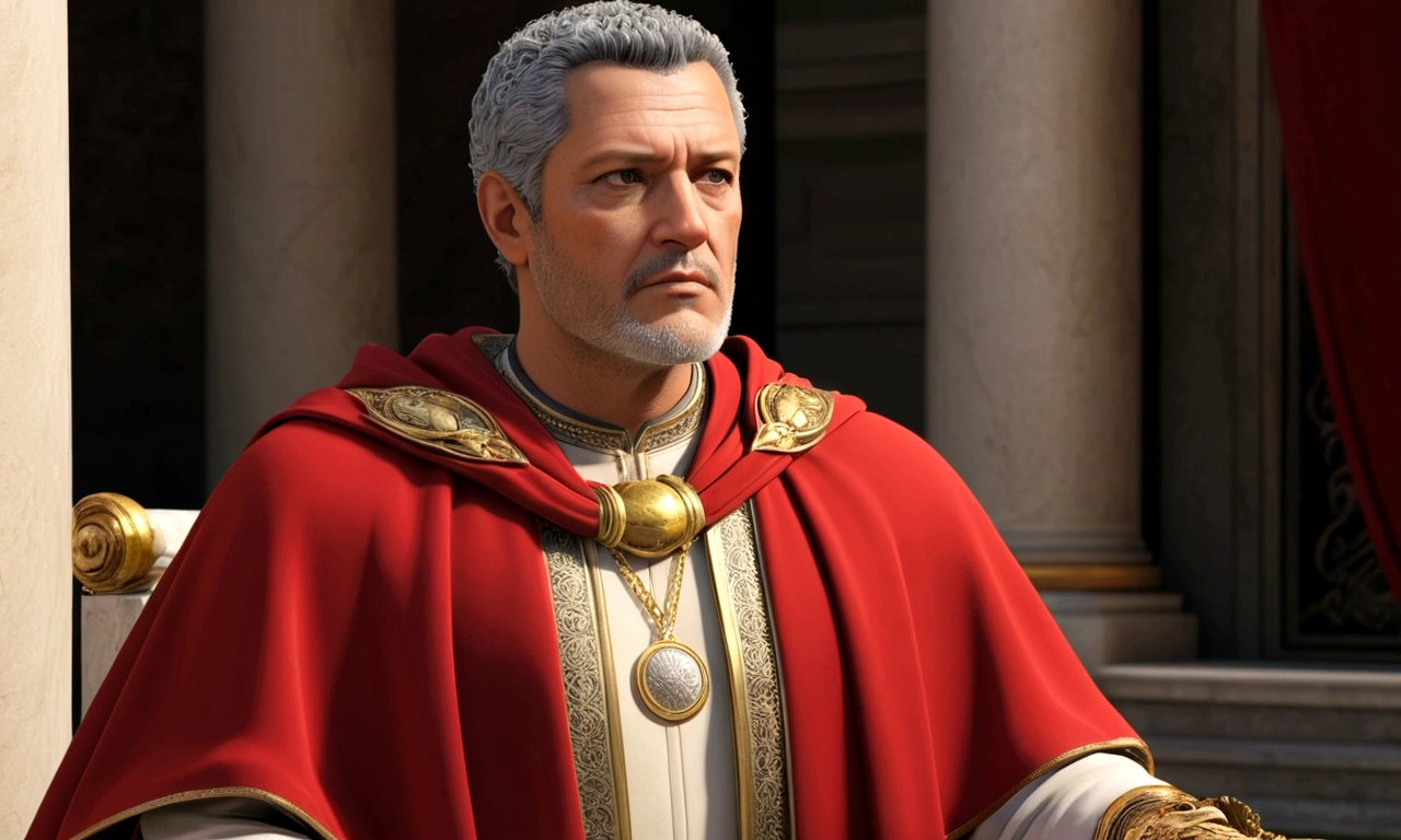 Julio Cesar, in middle age, is portrayed with an aristocratic and refined figure. His features are marked by a carefully trimmed beard and slightly gray hair., that reflect your experience and maturity. He wears robes richly decorated with gold details., indicative of your high status, and a red cape that flows elegantly around you. Their eyes, penetrating and intelligent, convey both the political astuteness and strategic vision that made him a legendary figure in Rome. Beside him, Calpurnia, sua esposa, complements its presence with a quiet dignity, symbolizing support and stability amid the intrigues of the time.