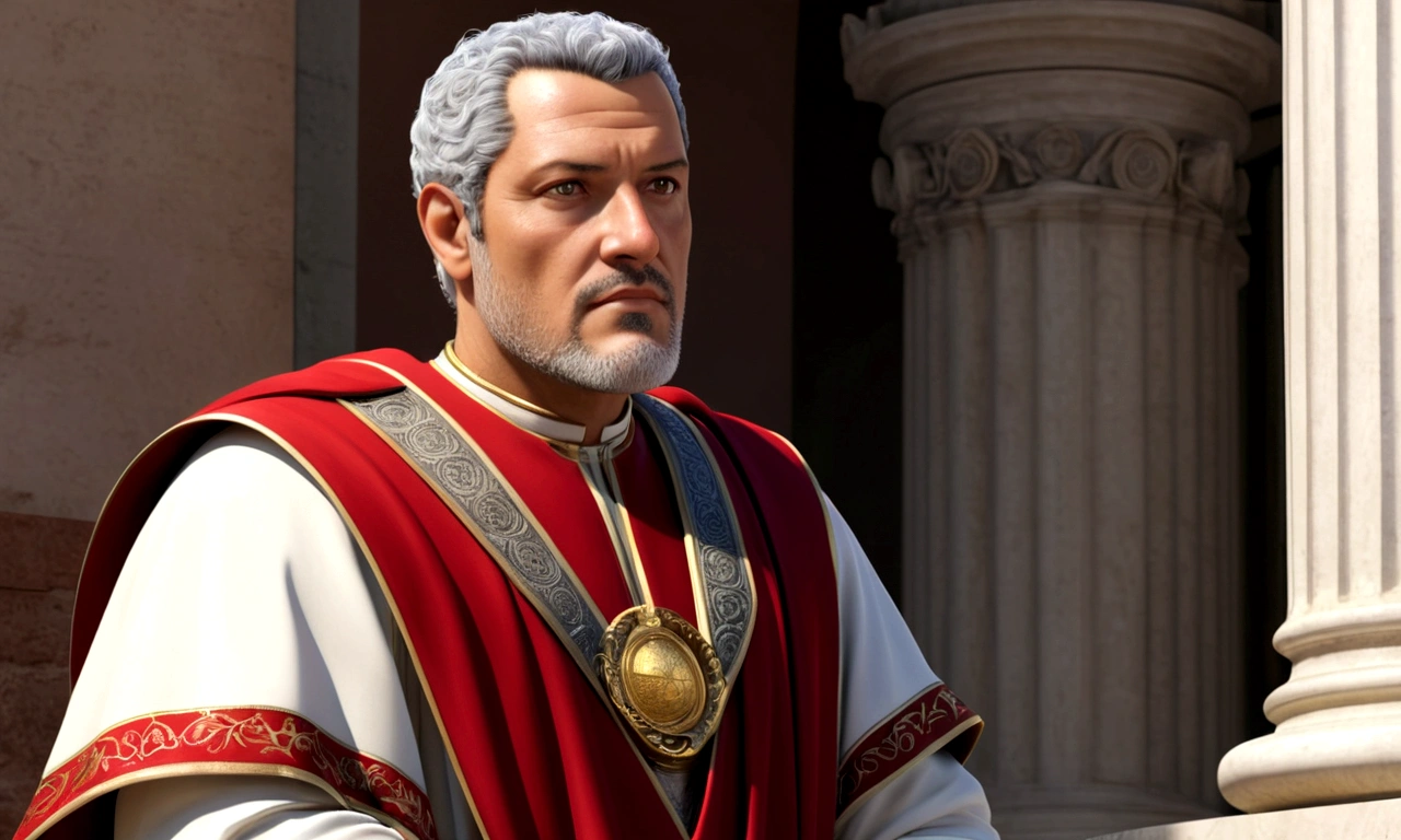 Julio Cesar, in middle age, is portrayed with an aristocratic and refined figure. His features are marked by a carefully trimmed beard and slightly gray hair., that reflect your experience and maturity. He wears robes richly decorated with gold details., indicative of your high status, and a red cape that flows elegantly around you. Their eyes, penetrating and intelligent, convey both the political astuteness and strategic vision that made him a legendary figure in Rome. Beside him, Calpurnia, sua esposa, complements its presence with a quiet dignity, symbolizing support and stability amid the intrigues of the time.