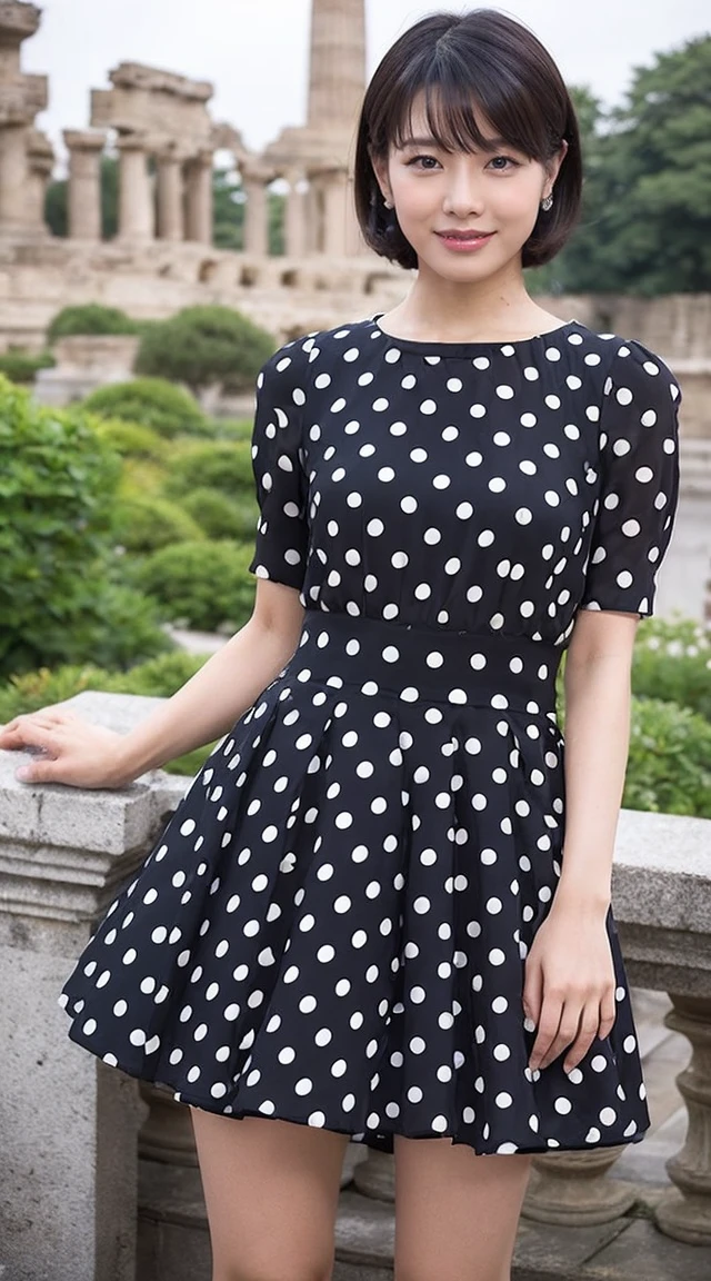 become close,Sharp lines,Highest quality, masterpiece、Overnight parking、Dark Light、Canon Photo Crystal Clear ,（Realistically:1.2）, (Colorful polka dot mini skirt dress)、Action pose、Take a full body photo、smile、Gorgeous appearance、Semi-long layer cut、ancient ruins