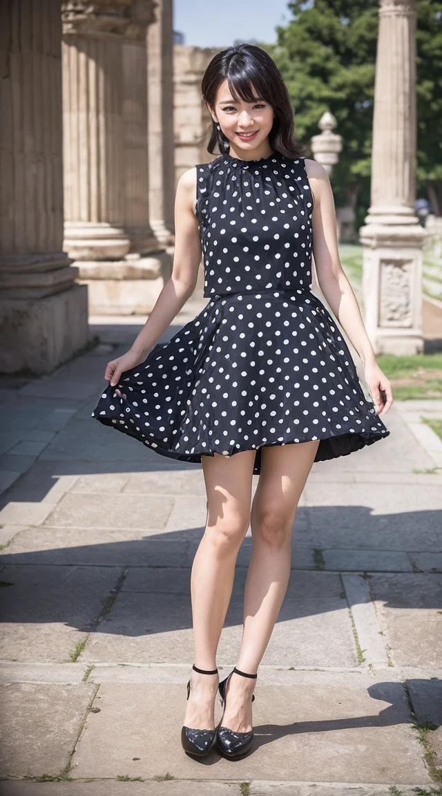 become close,Sharp lines,Highest quality, masterpiece、Overnight parking、Dark Light、Canon Photo Crystal Clear ,(Realistically:1.2), (Colorful polka dot mini skirt dress)、Action pose、Take a full body photo、smile、Gorgeous appearance、Semi-long layer cut、ancient ruins
