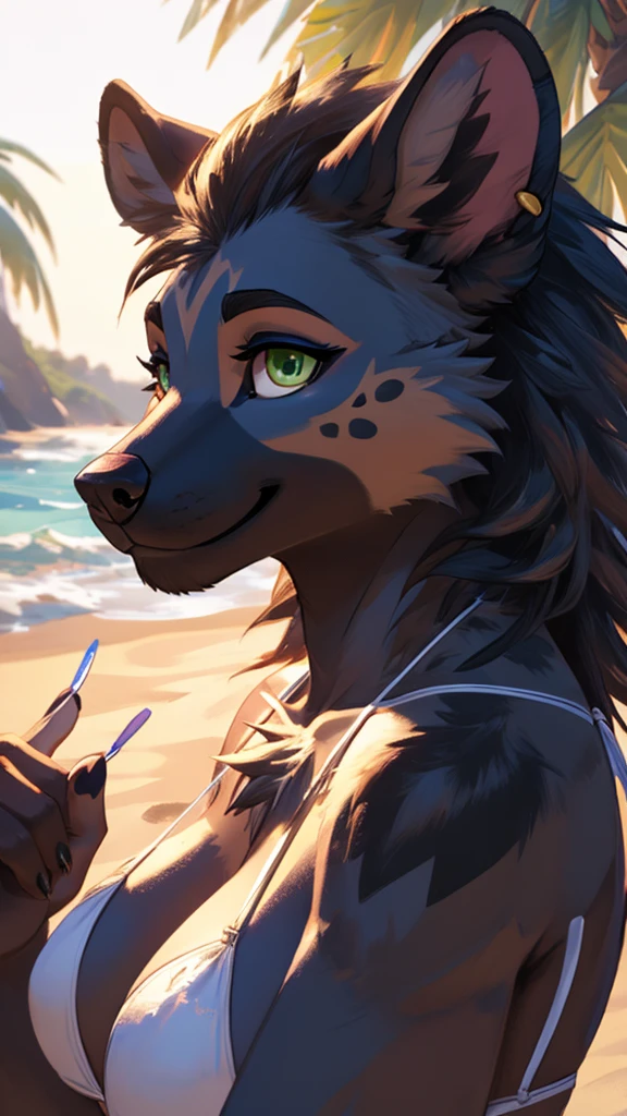Hyena furry, female, solo. large breasts. smooth balck string bikini, 1 silver ear peircing, smiling, green eyes, eyeliner, ((chest facing right, head facing left)), beautiful shiny green eyes looking left. very happy, having fun, playing. Digtial art, Bright sunlight, vibrant. At the beach. ((Close up on face and shoulders)) large juicy chest.