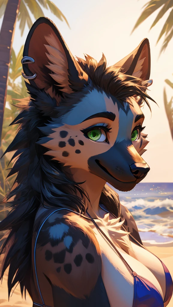 Hyena furry, female, solo. large breasts. smooth balck string bikini, 1 silver ear peircing, smiling, green eyes, eyeliner, ((chest facing right, head facing left)), beautiful shiny green eyes looking left. very happy, having fun, playing. Digtial art, Bright sunlight, vibrant. At the beach. ((Close up on face and shoulders)) large juicy chest.