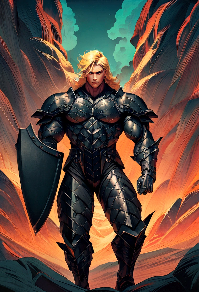 (outstanding、professional、Surreal)、Muscle Barbarian, Blonde hair, 1 male, Masculinity, Black legendary armor, rugged look, Right hand axe,Left hand shield,metallic feel,
