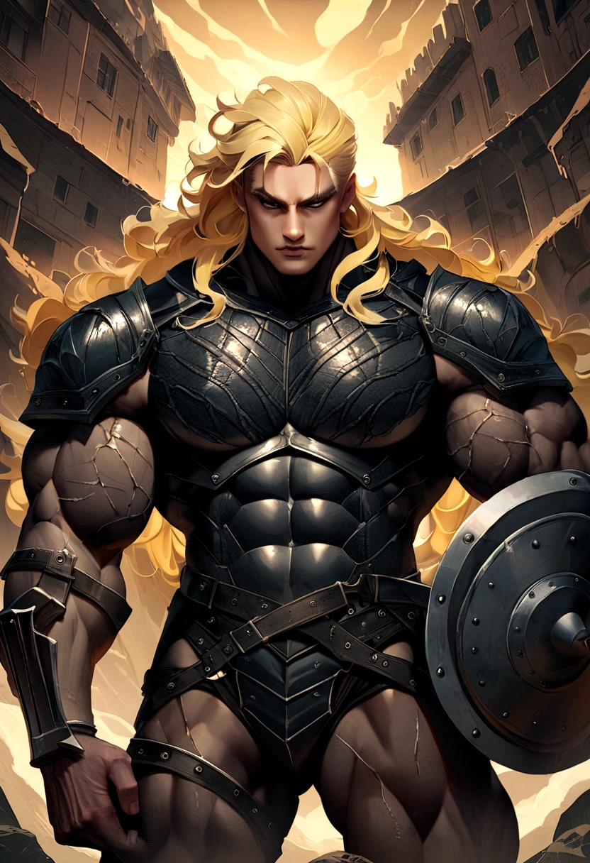 (outstanding、professional、Surreal)、Muscle Barbarian, Blonde hair, 1 male, Masculinity, Black legendary armor, rugged look, Right hand axe,Left hand shield,metallic feel,