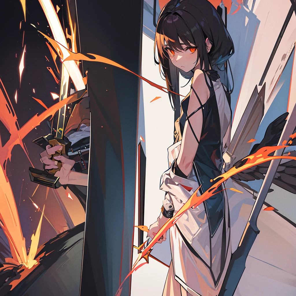 dark angel, fire, smoke, sword
