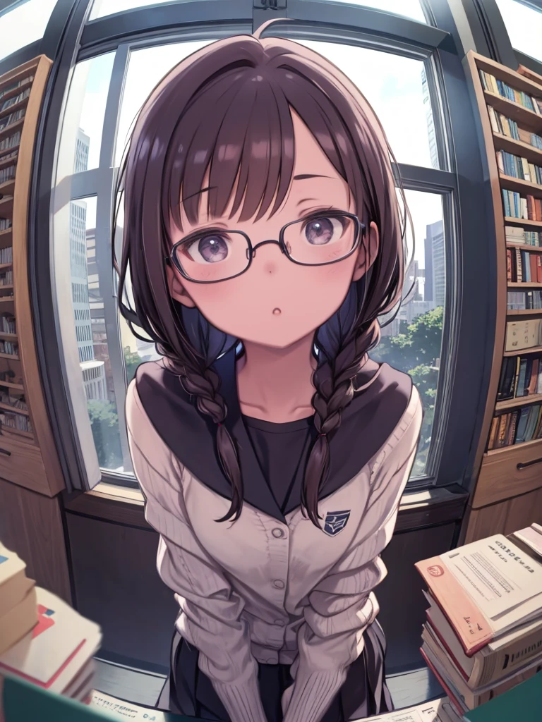 One Girl、Small glasses、Glasses are slipping down、library、student、Angle from above、Watching the audience、Dynamic Angles、Fisheye Lens、