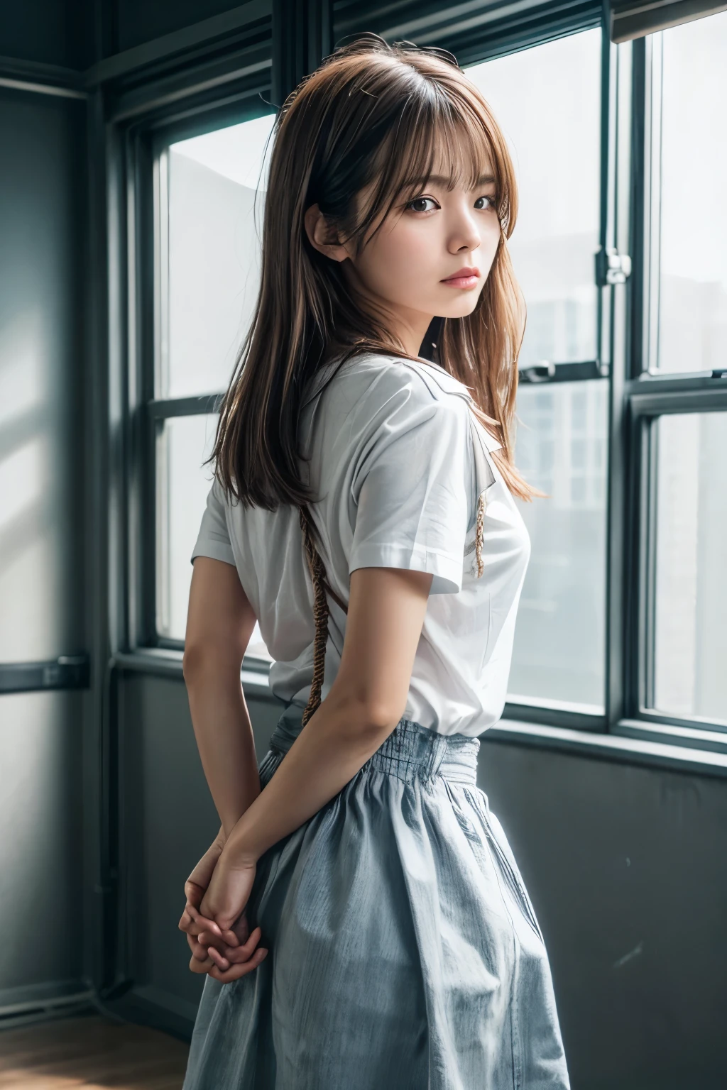 Tied up woman、(((Fold your hands behind your back、Cross your wrists)))、(Bind your wrists with a thin rope)、Beauty、Well-formed face、Shiny long black hair、Even out the eyes、Inside the room、Please show me your whole body、White short sleeve shirt、Navy Semi-Long Skirt、Panty lines、Wear pumps、Are standing、Back view、Age 25、Medium build、Like a real photo、Highest quality, Light brown hair, Straight hair, Shiny Hair, Part your lips, Anxious face, Surrealism, Hyperrealism, Verism, Cinema Lighting, tachi-e, First Person View, Nikon, 超High resolution, Anatomically correct hand, Highest quality, High resolution, 8K,