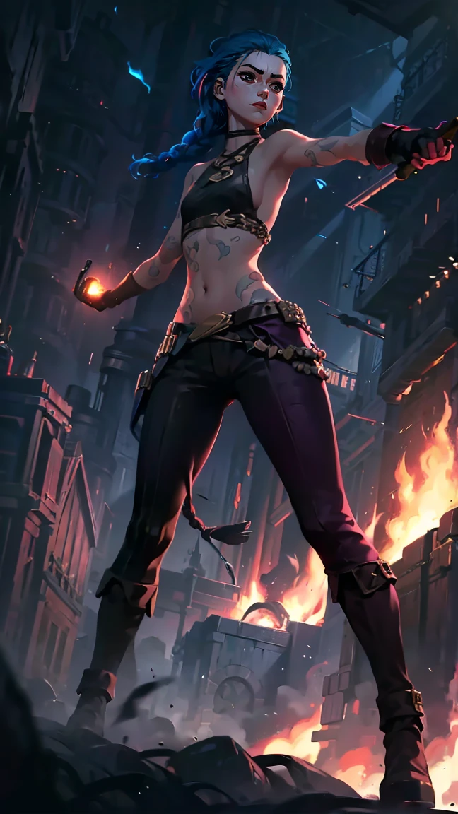 (masterpiece, Best quality), 1 girl, portrait, very sexy, crazy look, smile, crying, pink tears, tears on the cheeks, tears from eyes, full length (full body 1.1.), очень feminine, fighting stance, battle, fire, explosions, burning city, Beautiful waist, gloomy composition, flame, fire, Flash, very beautiful, feminine, long hair, hair braided in long braids, very sexy, tight leather pants, emphasis on the eyes, face accent, Beautiful face, Hands, Hair, Haired ponytail, red purple eyes, Джинкс crying, Blue cloud tattoo, (masterpiece, Best quality), Side lighting, beautiful detailed eyes, crazy face), (Best quality), (masterpiece), magic photography, Spectacular lighting, Photorealism, ultra detailed, интимная portraitная композиция, 1. 4,8 k UHD, aesthetic, Cd., A high resolution, 8 k, better lighting, Best shade, Ultra-HD, A high resolution, sharp focus, Complex background, Cinematic lighting, ((Landscape view)), 4K block, (better lighting), ((Cinematic lighting)),