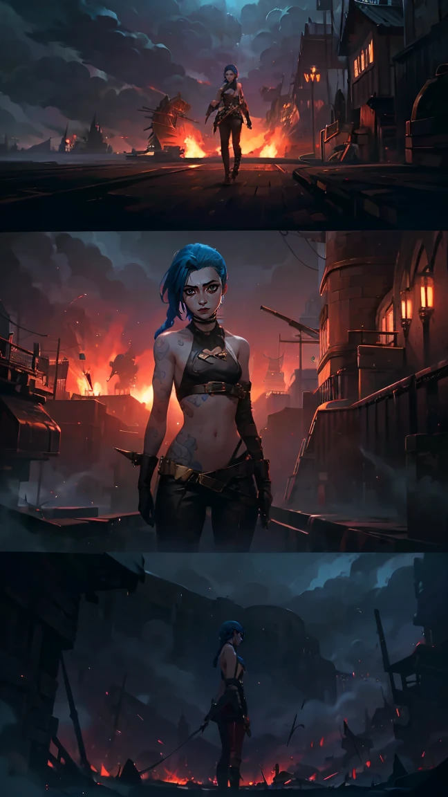 (masterpiece, Best quality), 1 girl, portrait, very sexy, crazy look, smile, crying, pink tears, tears on the cheeks, tears from eyes, full length (full body 1.1.), очень feminine, fighting stance, battle, fire, explosions, burning city, Beautiful waist, gloomy composition, flame, fire, Flash, very beautiful, feminine, long hair, hair braided in long braids, very sexy, tight leather pants, emphasis on the eyes, face accent, Beautiful face, Hands, Hair, Haired ponytail, red purple eyes, Джинкс crying, Blue cloud tattoo, (masterpiece, Best quality), Side lighting, beautiful detailed eyes, crazy face), (Best quality), (masterpiece), magic photography, Spectacular lighting, Photorealism, ultra detailed, интимная portraitная композиция, 1. 4,8 k UHD, aesthetic, Cd., A high resolution, 8 k, better lighting, Best shade, Ultra-HD, A high resolution, sharp focus, Complex background, Cinematic lighting, ((Landscape view)), 4K block, (better lighting), ((Cinematic lighting)),