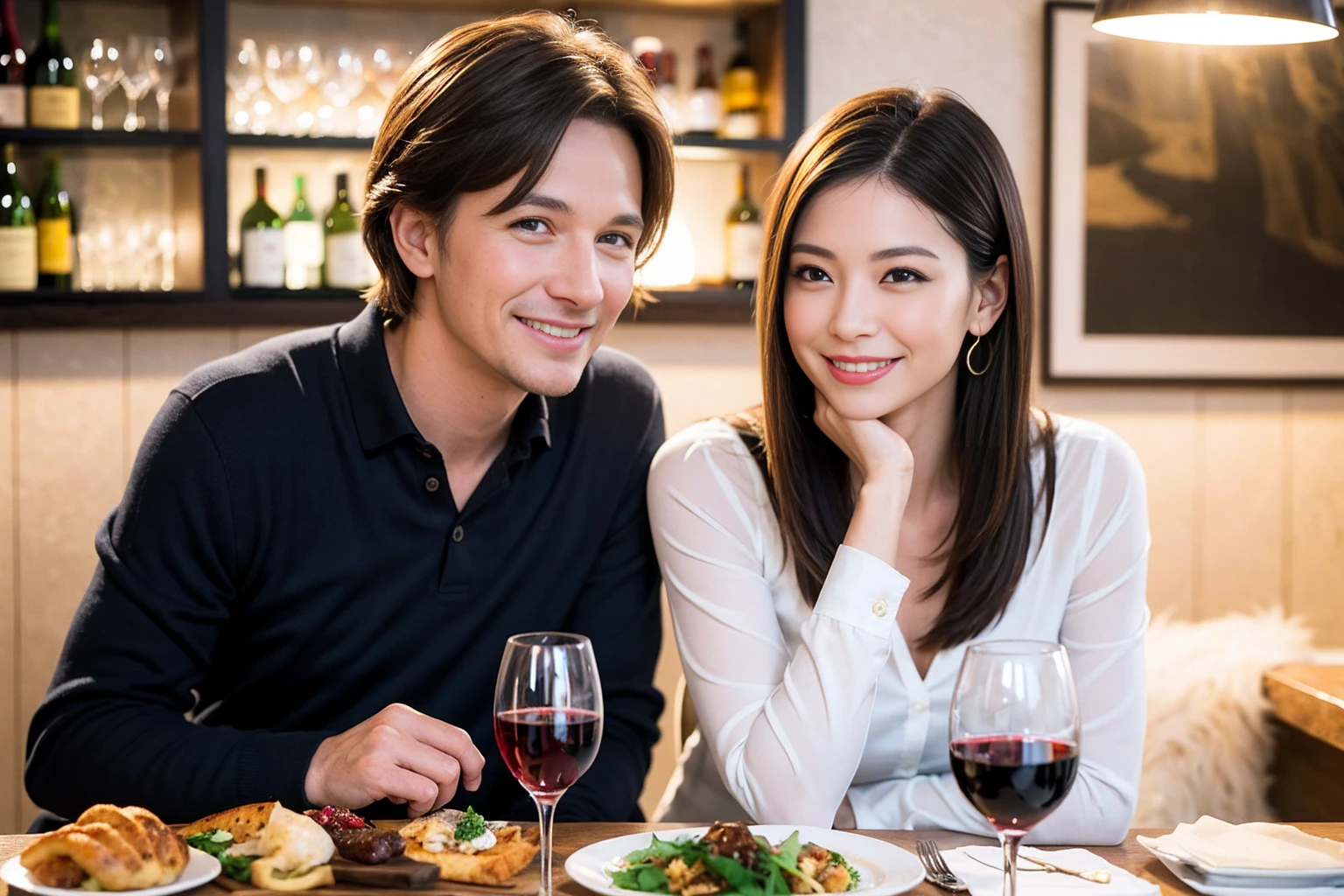 ((Highest quality、8K、masterpiece:1.3))、1 male、1 female、spouse、Beautiful couple、Smile、full-course dinner、 (Slim face), (the body is スリム), (Brown Hair), (Shortcuts), ((Bob Hale、Straight hair:1.2)), テーブルの上のwine glass、Shine light on your face、 Amazing view of the sunset sky and clouds、The beauty of a smile、Bright image、Blushing, Shortcuts, (Age 35), 39 years old, Appetizers、Italian food、Wine bottle、Champagne、sparkling wine、Long sleeve shirt、dress、Attractive beauty、restaurant, Nova Frog Style, actress, model, Upper Body, White wine, red wine, wine glass, 