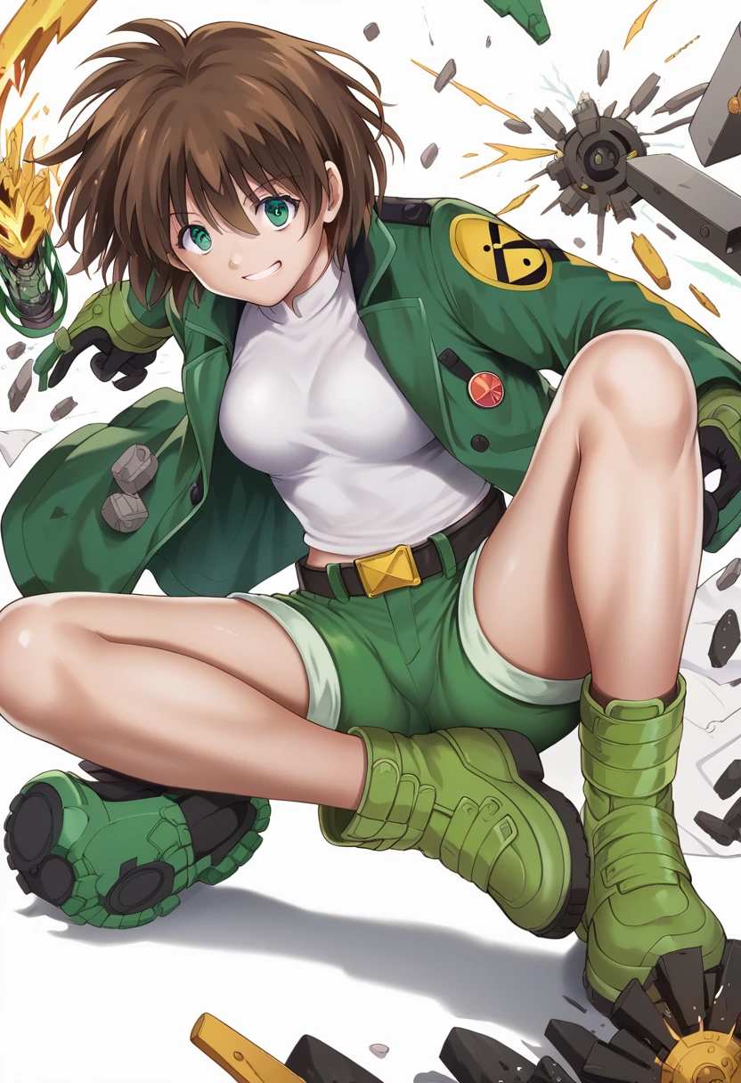 ,One girl,smile, View your viewers,  masterpiece,Highest quality,Konam,green jacket, gloves, green shorts,green footwear,brown hair,(cyclone \(for once\))