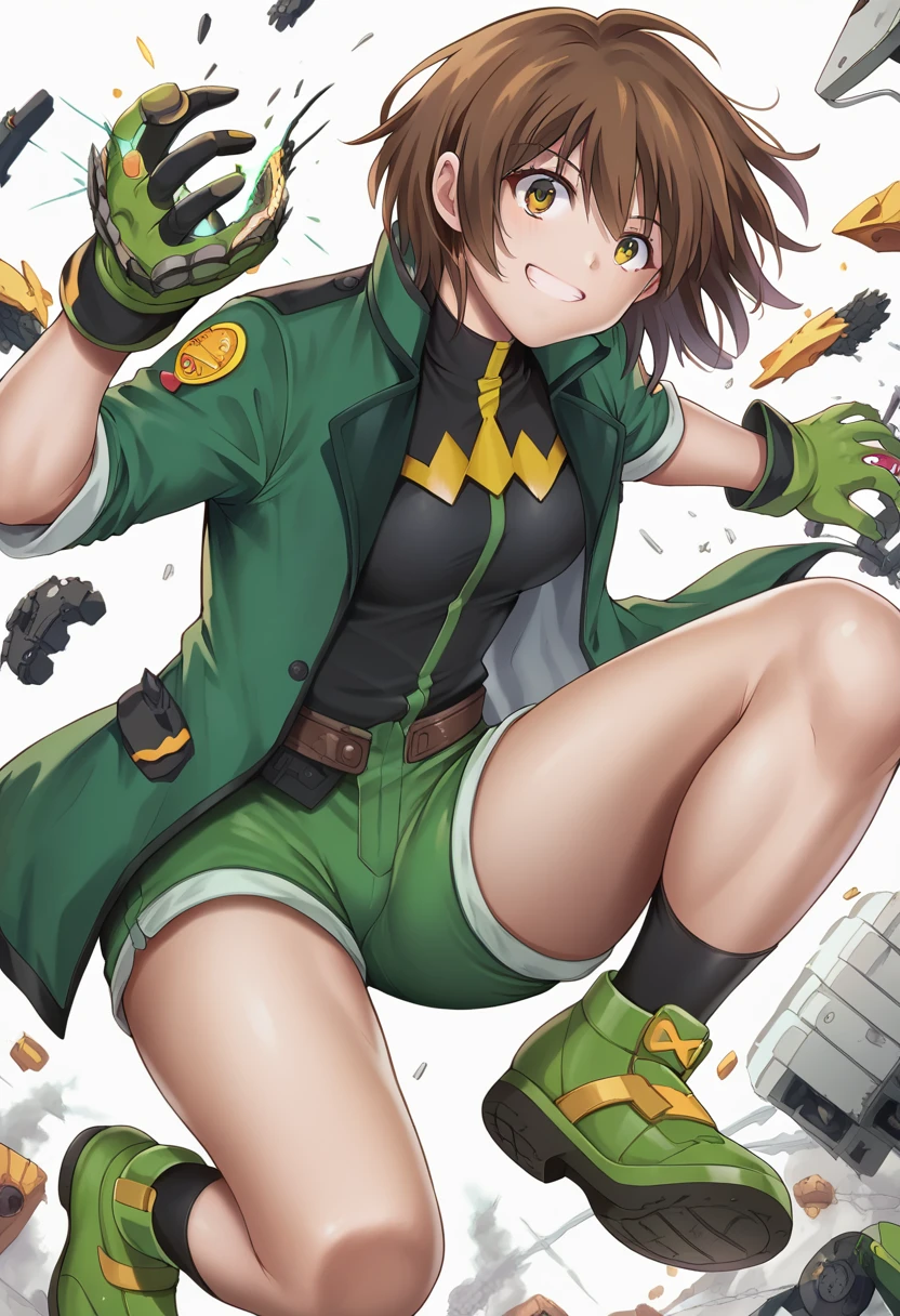 ,One girl,smile, View your viewers,  masterpiece,Highest quality,Konam,green jacket, gloves, green shorts,green footwear,brown hair,(cyclone \(for once\))