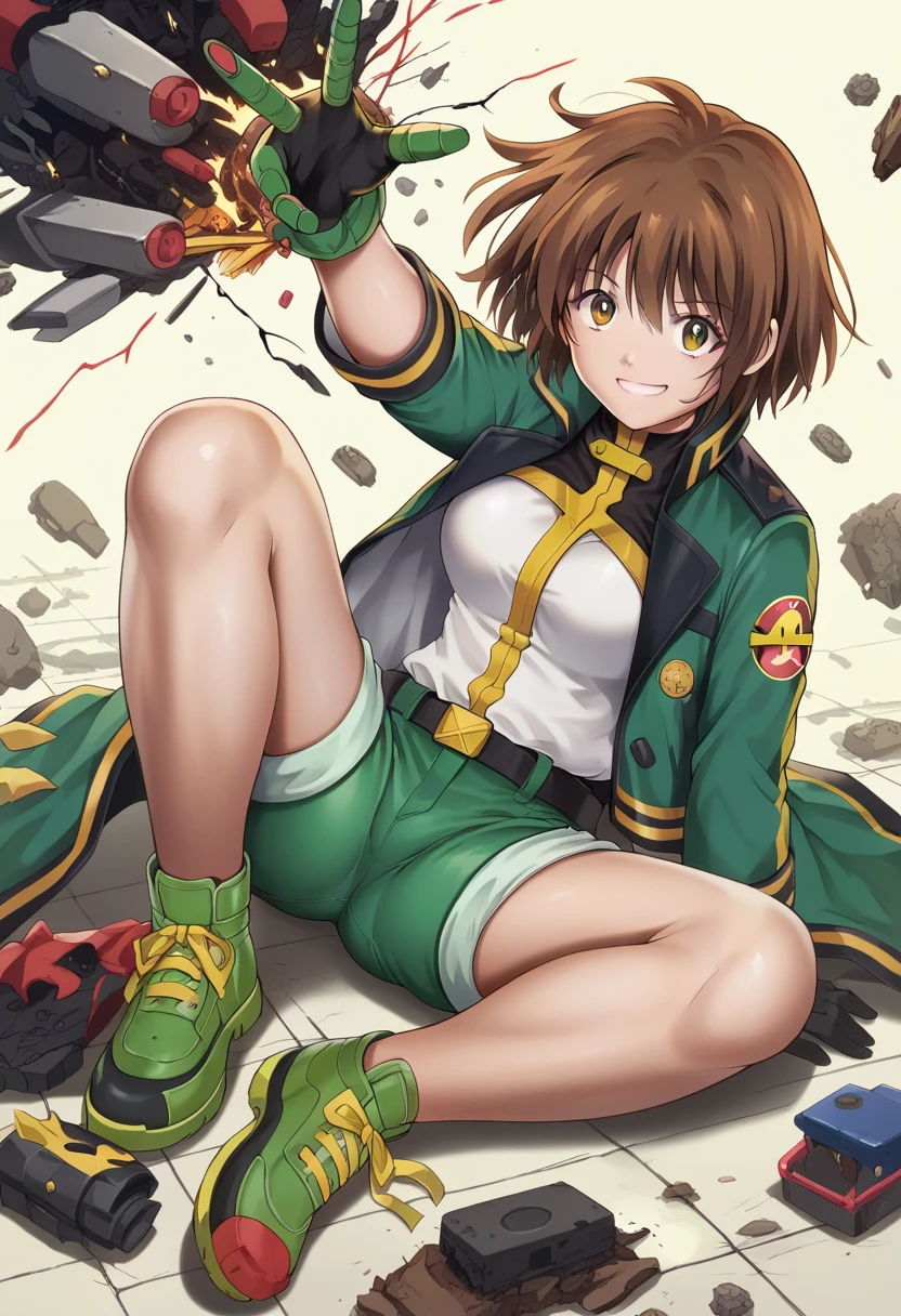 ,One girl,smile, View your viewers,  masterpiece,Highest quality,Konam,green jacket, gloves, green shorts,green footwear,brown hair,(cyclone \(for once\))