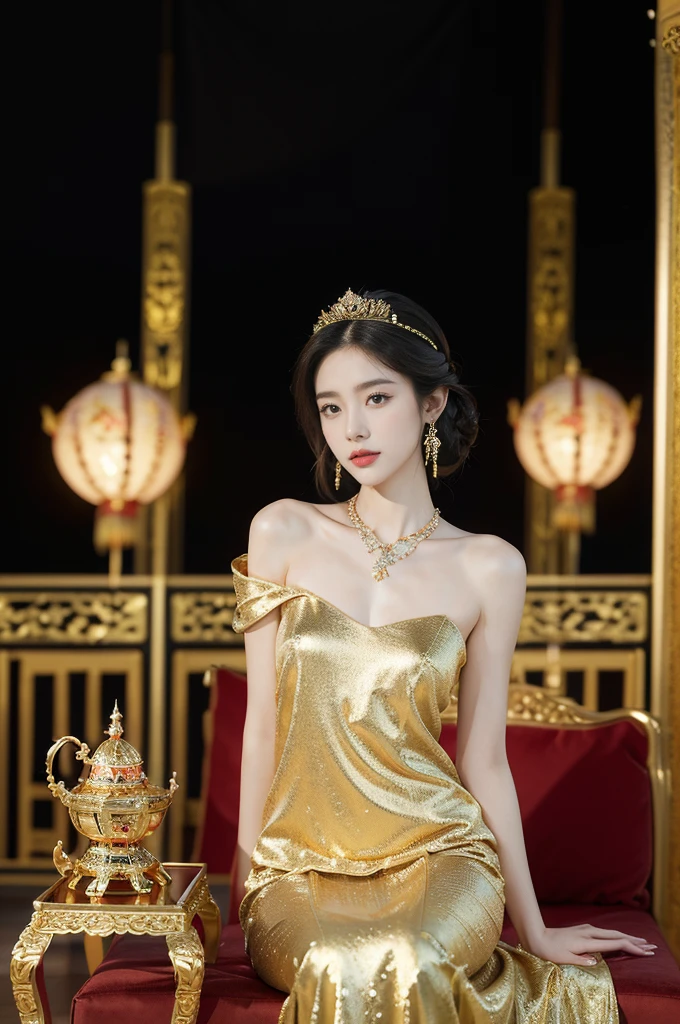 (((best quality))),(((ultra detailed))),(((masterpiece))),illustration,1 girl,solo,slim,thin,shoulder length straight bob hair,earrings,necklace,small breasts,flat chest,slender legs,high heels,Asian appearance,princess,royal,Chinese palace,night scene,magnificent dragon gown,golden crown,intricate embroidery,luxurious fabric,precious stones,(sitting on the metallic throne:1.3),decorative patterns,rich decorations,luxurious furnishings,regal charm,beautiful face,gentle smile,bright eyes,historical,traditional,city lights,modernity,frozen moment,beauty of the past,evolution of time,from front,full body,arms behind back