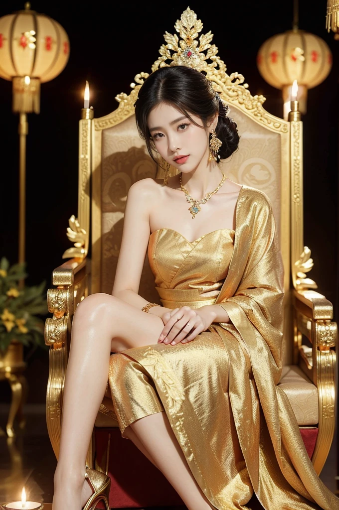 (((best quality))),(((ultra detailed))),(((masterpiece))),illustration,1 girl,solo,slim,thin,shoulder length straight bob hair,earrings,necklace,small breasts,flat chest,slender legs,high heels,Asian appearance,princess,royal,Chinese palace,night scene,magnificent dragon gown,golden crown,intricate embroidery,luxurious fabric,precious stones,(sitting on the metallic throne:1.3),decorative patterns,rich decorations,luxurious furnishings,regal charm,beautiful face,gentle smile,bright eyes,historical,traditional,city lights,modernity,frozen moment,beauty of the past,evolution of time,from front,full body,arms behind back