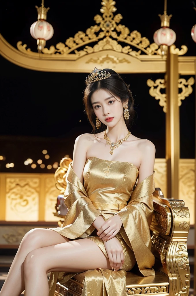 (((best quality))),(((ultra detailed))),(((masterpiece))),illustration,1 girl,solo,slim,thin,shoulder length straight bob hair,earrings,necklace,small breasts,flat chest,slender legs,high heels,Asian appearance,princess,royal,Chinese palace,night scene,magnificent dragon gown,golden crown,intricate embroidery,luxurious fabric,precious stones,(sitting on the metallic throne:1.3),decorative patterns,rich decorations,luxurious furnishings,regal charm,beautiful face,gentle smile,bright eyes,historical,traditional,city lights,modernity,frozen moment,beauty of the past,evolution of time,from front,full body,arms behind back