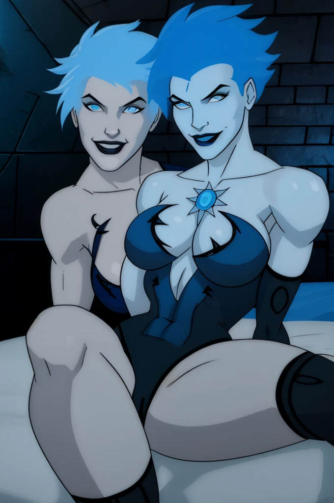  Killer_Frost_Assault_on_Arkham, Livewire,blue punk hair, Black pupils, blue eyes smiling, grey skin, LiveBB, leotard,black thighhighs,Breasts, cleavage, thighs, Fallen on bed, BLUE bikini, belly button, smile, insanely detailed, beautiful detailed face, masterpiece, best quality
