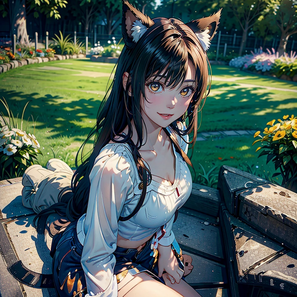 Girl with dog ears and tail, erect ears, honey yellow eyes, Highly detailed eyes, long hair and(( White)) with a small braid on the sides, denim shorts, translucent blouse, whole body, looking up, open mouth smile, big chest, beautiful body, detailed face y con amplia gama de gestos, sitting on a bench around a garden with flowers of various colors, detailed background, detailed face, Play of light and shadows, cinematographic, high quality, 8k, Masterpiece, 