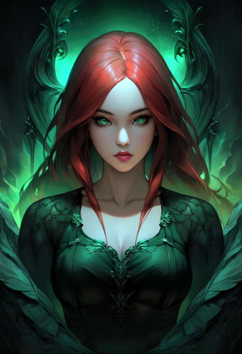 A stunningly realistic dark fantasy portrait of a tall, leggy red-haired woman with a chiseled abs, small waist, large emerald green eyes, and plump lips. She stands confidently, her body displayed in all its glory. The background is a mix of dark, brooding colors, with some ethereal elements, creating an atmospheric and mysterious setting. The overall tone of the image is a blend of beauty, power, and darkness., dark fantasy, portrait photography, painting, bien jugosita, la quiero en 4