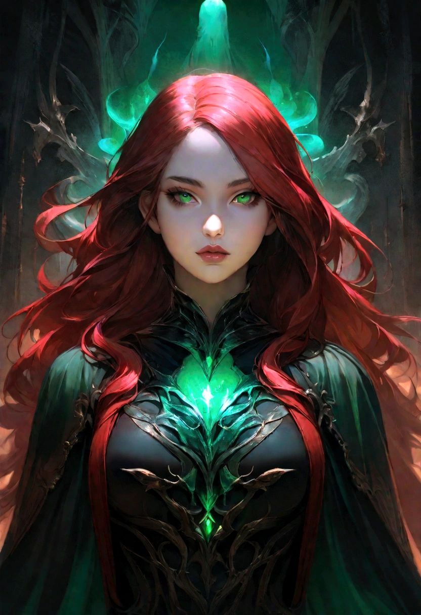 A stunningly realistic dark fantasy portrait of a tall, leggy red-haired woman with a chiseled abs, small waist, large emerald green eyes, and plump lips. She stands confidently, her body displayed in all its glory. The background is a mix of dark, brooding colors, with some ethereal elements, creating an atmospheric and mysterious setting. The overall tone of the image is a blend of beauty, power, and darkness., dark fantasy, portrait photography, painting, bien jugosita, la quiero en 4