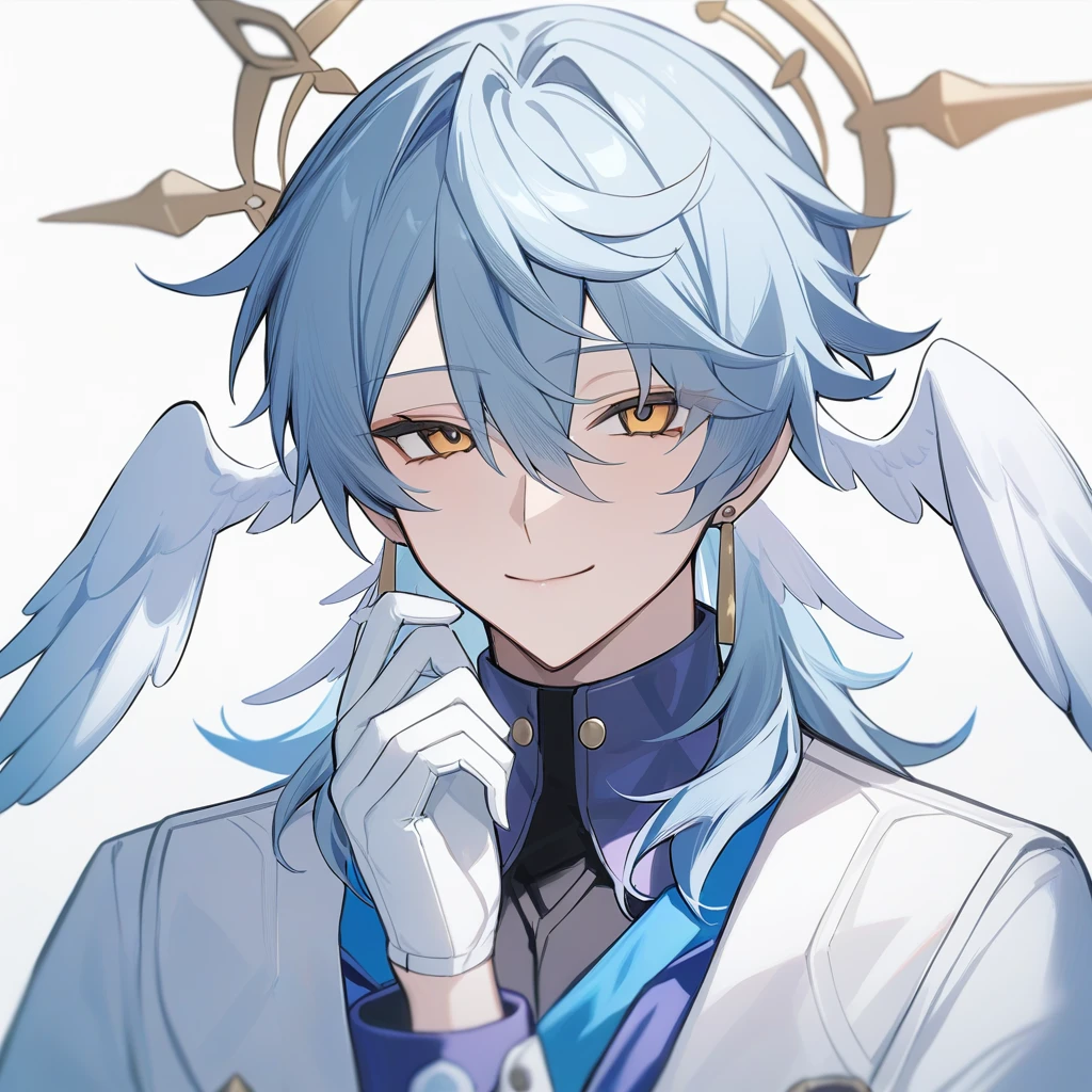 masterpiece,best quality,sunday_(honkai:_star_rail), black_shirt, sidelocks, white_wings, smile, looking_at_viewer, gloves, closed_mouth, solo, hand_up, shirt, head_wings, long_sleeves, jewelry, white_gloves, jacket, eyelashes, simple_background, halo, wings, white_background, feathered_wings, 1boy, upper_body, male_focus, earrings