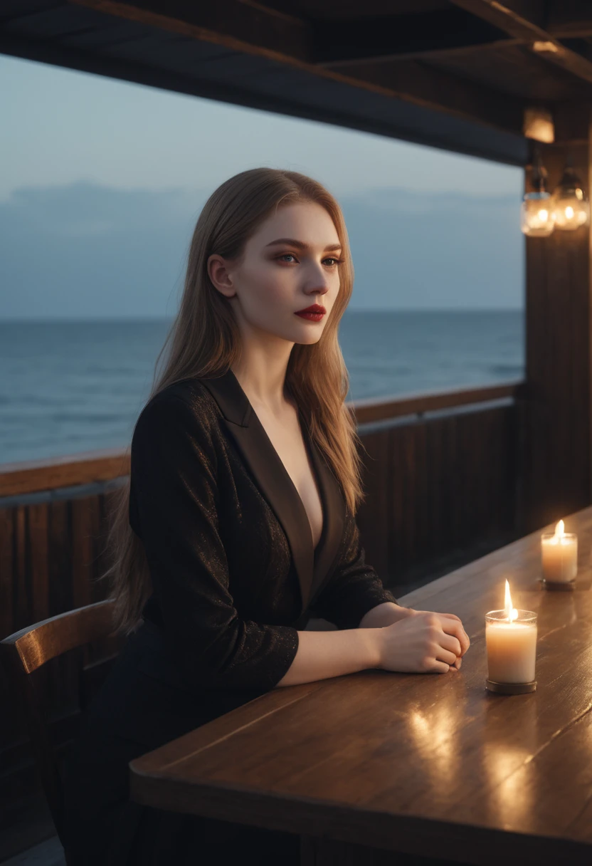 pale skin, evil slavic woman, long dark blond hair, stylish black modern formal clothes, gorgeous lips, cinematic, (masterpiece), (best quality), (ultra-detailed), very aesthetic, photo, perfect composition, intricate details, absurdres, detailed face, (masterpiece, intricate:1.3), (best quality, hires textures, high detail:1.2), (4k),(incredibly detailed:1.4) Bar in the sky, 1girl, solo, alone, sitting at bar counter, from side, drinking, (ocean:1.3), candles, starry sky, shooting stars, masterpiece, best quality, ultra detailed,bar, (Professional), (award winning), (deep shadow), (Soft bokeh), 8K, HDR, sharp-focus, intricate details, Highly detailed, Sharp, Character portrait, perfect lighting, Masterpiece, detailled background, Cinematic lighting, 8K