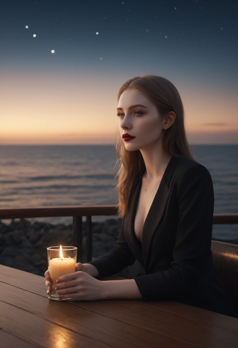 pale skin, evil slavic woman, long dark blond hair, stylish black modern formal clothes, gorgeous lips, cinematic, (masterpiece), (best quality), (ultra-detailed), very aesthetic, photo, perfect composition, intricate details, absurdres, detailed face, (masterpiece, intricate:1.3), (best quality, hires textures, high detail:1.2), (4k),(incredibly detailed:1.4) Bar in the sky, 1girl, solo, alone, sitting at bar counter, from side, drinking, (ocean:1.3), candles, starry sky, shooting stars, masterpiece, best quality, ultra detailed,bar, (Professional), (award winning), (deep shadow), (Soft bokeh), 8K, HDR, sharp-focus, intricate details, Highly detailed, Sharp, Character portrait, perfect lighting, Masterpiece, detailled background, Cinematic lighting, 8K