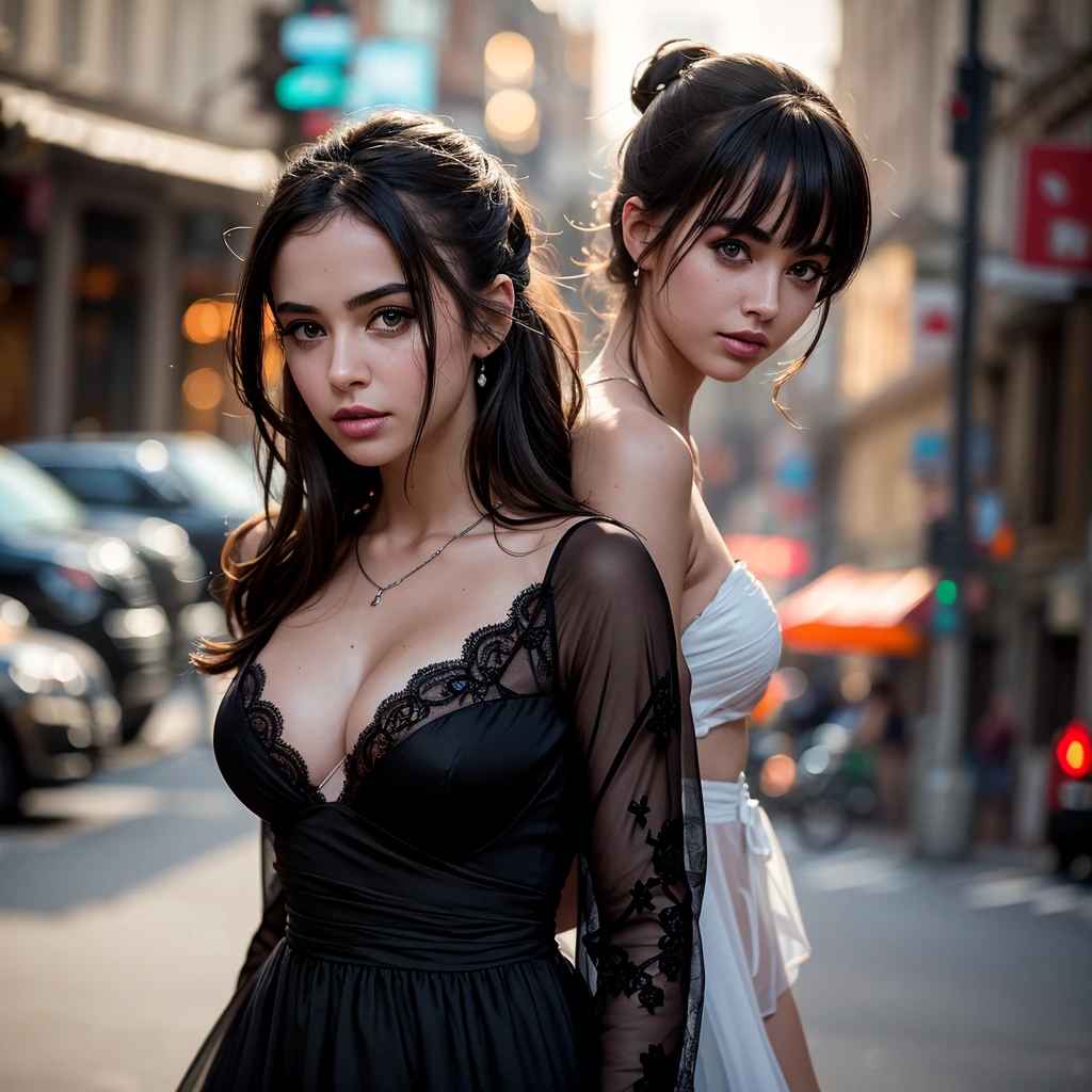 photography of 1 stunning girl, in the city, enjoying, girl, summer, hot girl, (((small bust))), brunette hair, wearing a black lace nightgown, messy bun, looks into the camera, symmetrical face, photorealistic, photography, spectacular lighting,, gorgeous, cleavage, western, (masterpice), best quality, high resolution, extremely detailed, skin with pores, blurred background, depth of field, cinematic lighting, full body photo