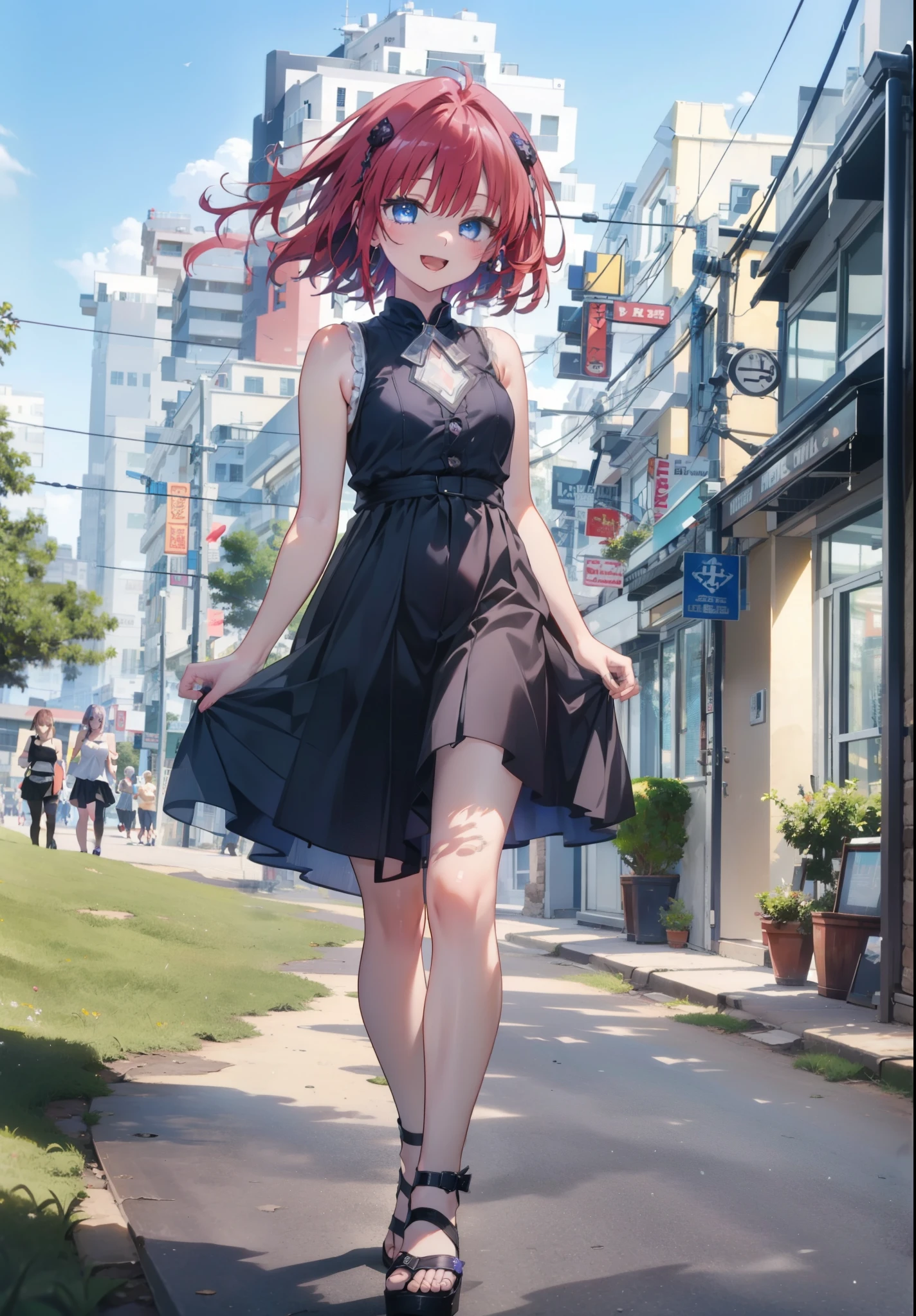 (masterpiece, Highest quality:1.2),shape,8K,High resolution,Say something happy smile, smile, Open your mouth,,Redhead,Long Hair,Purple eyes,1 Girl,sleeveless black dress,Bare arms,Black long skirt,Cute Sandals,walking,Daytime,Clear skies,
break looking at viewer,whole body,
break outdoors, Coastal Road,
break (masterpiece:1.2), Highest quality, High resolution, ユニティ 8K 壁紙, (shape:0.8), (Beautiful and beautiful eyes:1.6), Highly detailed face, Perfect lighting, Highly detailed CG, (Perfect hands, Perfect Anatomy),