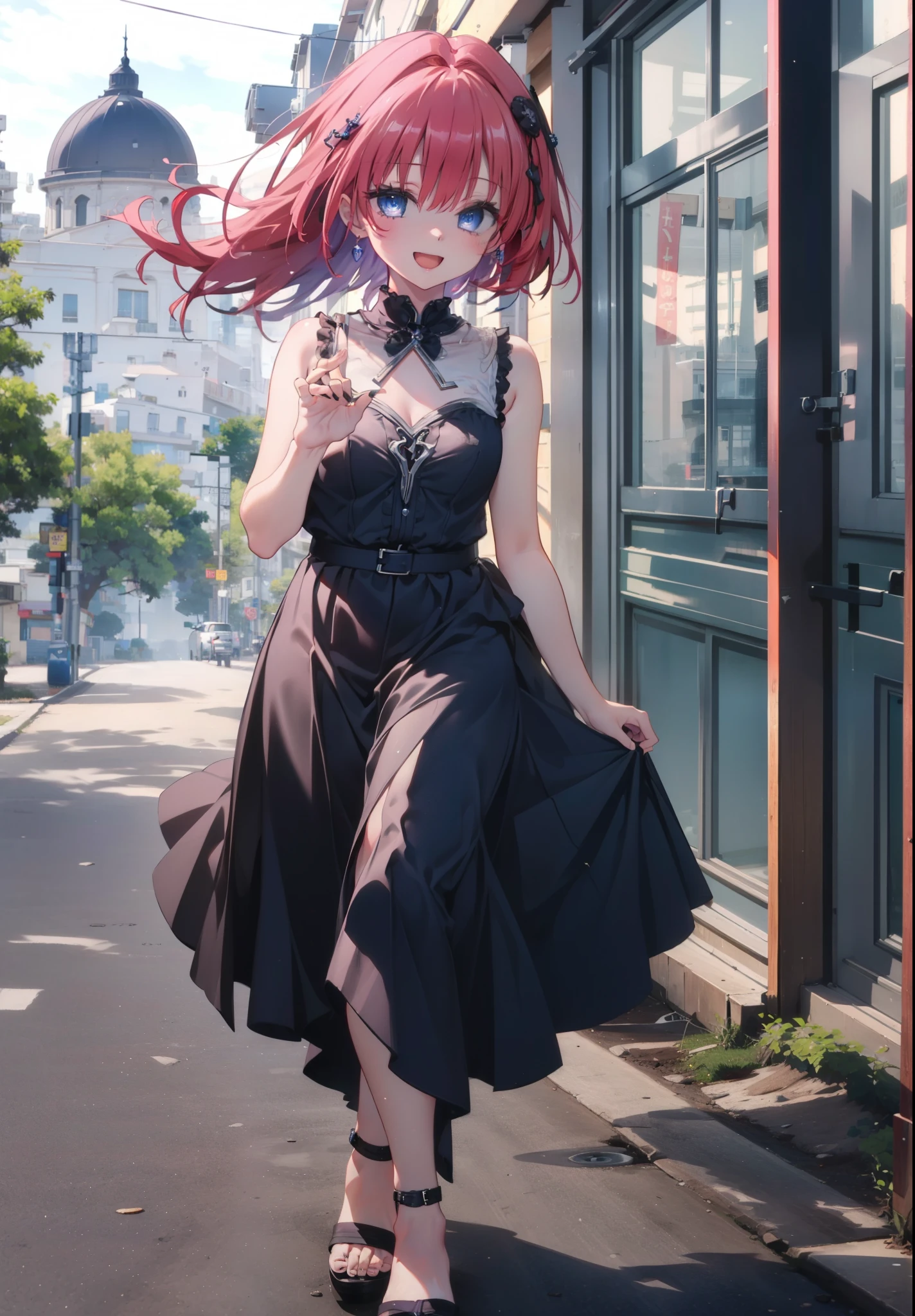 (masterpiece, Highest quality:1.2),shape,8K,High resolution,Say something happy smile, smile, Open your mouth,,Redhead,Long Hair,Purple eyes,1 Girl,sleeveless black dress,Bare arms,Black long skirt,Cute Sandals,walking,Daytime,Clear skies,
break looking at viewer,whole body,
break outdoors, Coastal Road,
break (masterpiece:1.2), Highest quality, High resolution, ユニティ 8K 壁紙, (shape:0.8), (Beautiful and beautiful eyes:1.6), Highly detailed face, Perfect lighting, Highly detailed CG, (Perfect hands, Perfect Anatomy),