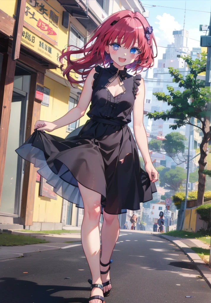 (masterpiece, Highest quality:1.2),shape,8K,High resolution,Say something happy smile, smile, Open your mouth,,Redhead,Long Hair,Purple eyes,1 Girl,sleeveless black dress,Bare arms,Black long skirt,Cute Sandals,walking,Daytime,Clear skies,
break looking at viewer,whole body,
break outdoors, Coastal Road,
break (masterpiece:1.2), Highest quality, High resolution, ユニティ 8K 壁紙, (shape:0.8), (Beautiful and beautiful eyes:1.6), Highly detailed face, Perfect lighting, Highly detailed CG, (Perfect hands, Perfect Anatomy),