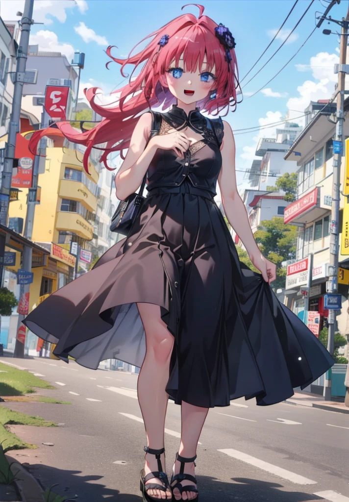 (masterpiece, Highest quality:1.2),shape,8K,High resolution,Say something happy smile, smile, Open your mouth,,Redhead,Long Hair,Purple eyes,1 Girl,sleeveless black dress,Bare arms,Black long skirt,Cute Sandals,walking,Daytime,Clear skies,
break looking at viewer,whole body,
break outdoors, Coastal Road,
break (masterpiece:1.2), Highest quality, High resolution, ユニティ 8K 壁紙, (shape:0.8), (Beautiful and beautiful eyes:1.6), Highly detailed face, Perfect lighting, Highly detailed CG, (Perfect hands, Perfect Anatomy),