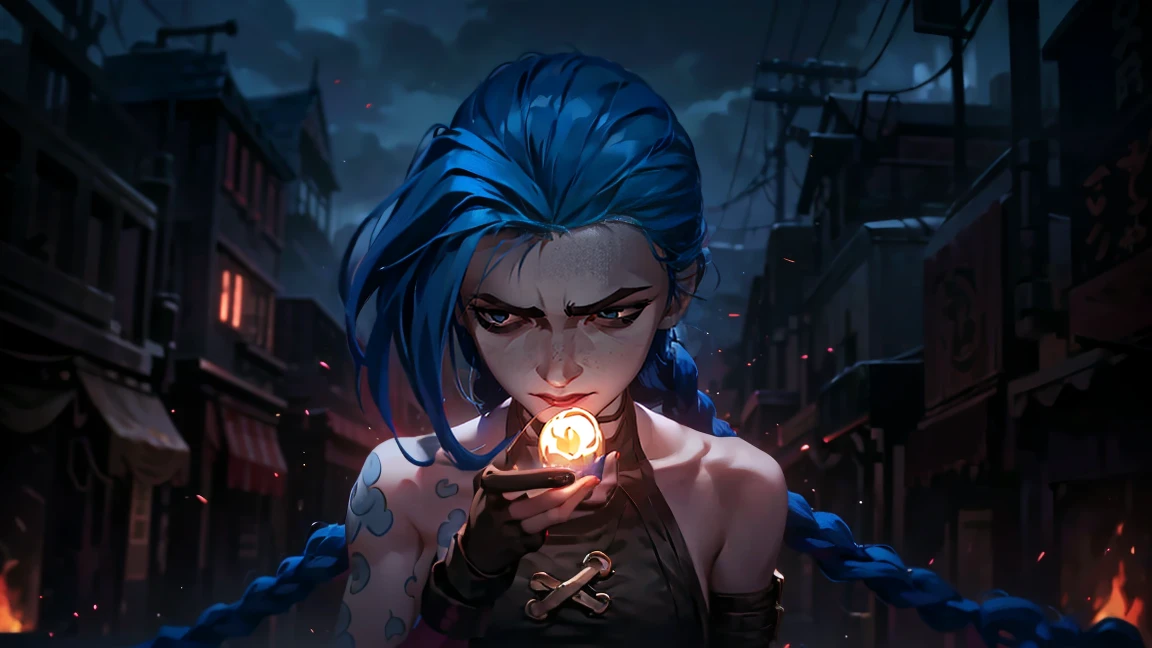 (masterpiece, Best quality), 1 girl, portrait, very sexy, erotica, having sex with a guy, nude, Beautiful elastic breasts, Volume , full length (full body 1.1.), очень feminine, fighting stance, battle, fire, explosions, burning city, Beautiful waist, gloomy composition, flame, fire, Flash, very beautiful, feminine, long hair, hair braided in long braids, very sexy, tight leather pants, emphasis on the eyes, face accent, Beautiful face, Hands, Hair, Haired ponytail, red purple eyes, Jinx is crying, Blue cloud tattoo, (masterpiece, Best quality), Side lighting, beautiful detailed eyes, crazy face), (Best quality), (masterpiece), magic photography, Spectacular lighting, Photorealism, ultra detailed, интимная portraitная композиция, 1. 4,8 k UHD, aesthetic, Cd., A high resolution, 8 k, better lighting, Best shade, Ultra-HD, A high resolution, sharp focus, Complex background, Cinematic lighting, ((Landscape view)), 4K block, (better lighting), ((Cinematic lighting)),