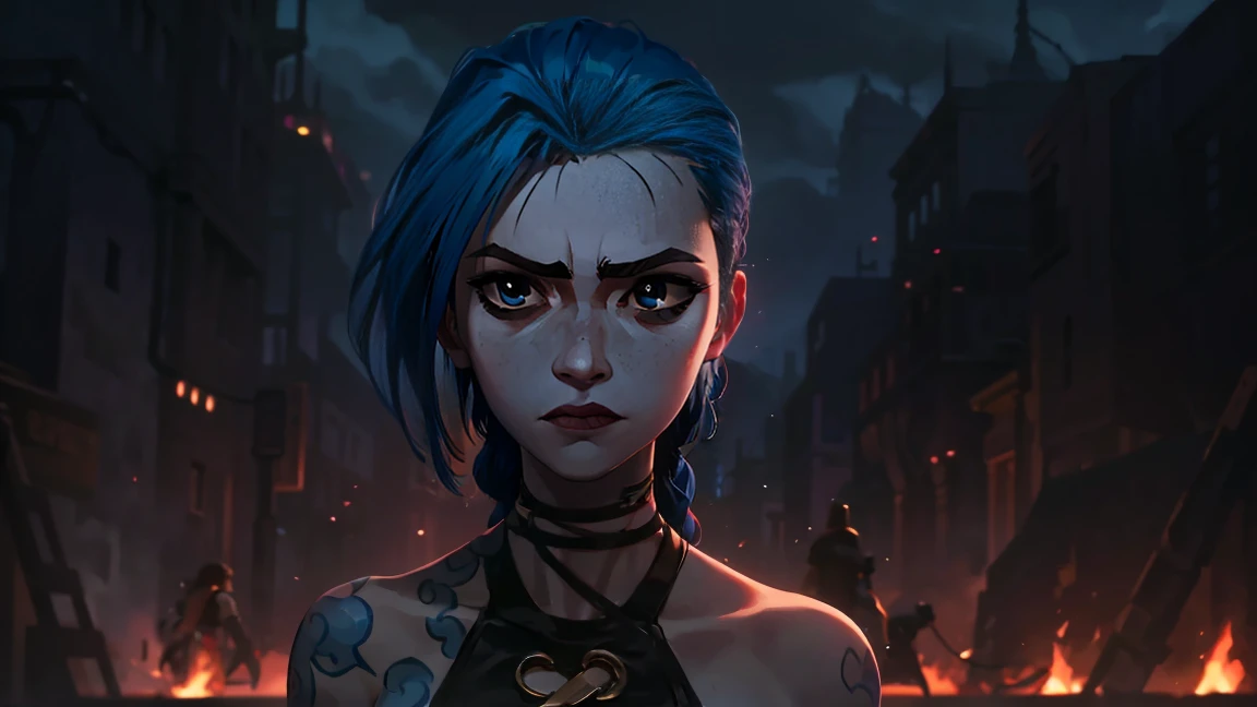 (masterpiece, Best quality), 1 girl, portrait, very sexy, erotica, having sex with a guy, nude, Beautiful elastic breasts, Volume , full length (full body 1.1.), очень feminine, fighting stance, battle, fire, explosions, burning city, Beautiful waist, gloomy composition, flame, fire, Flash, very beautiful, feminine, long hair, hair braided in long braids, very sexy, tight leather pants, emphasis on the eyes, face accent, Beautiful face, Hands, Hair, Haired ponytail, red purple eyes, Jinx is crying, Blue cloud tattoo, (masterpiece, Best quality), Side lighting, beautiful detailed eyes, crazy face), (Best quality), (masterpiece), magic photography, Spectacular lighting, Photorealism, ultra detailed, интимная portraitная композиция, 1. 4,8 k UHD, aesthetic, Cd., A high resolution, 8 k, better lighting, Best shade, Ultra-HD, A high resolution, sharp focus, Complex background, Cinematic lighting, ((Landscape view)), 4K block, (better lighting), ((Cinematic lighting)),