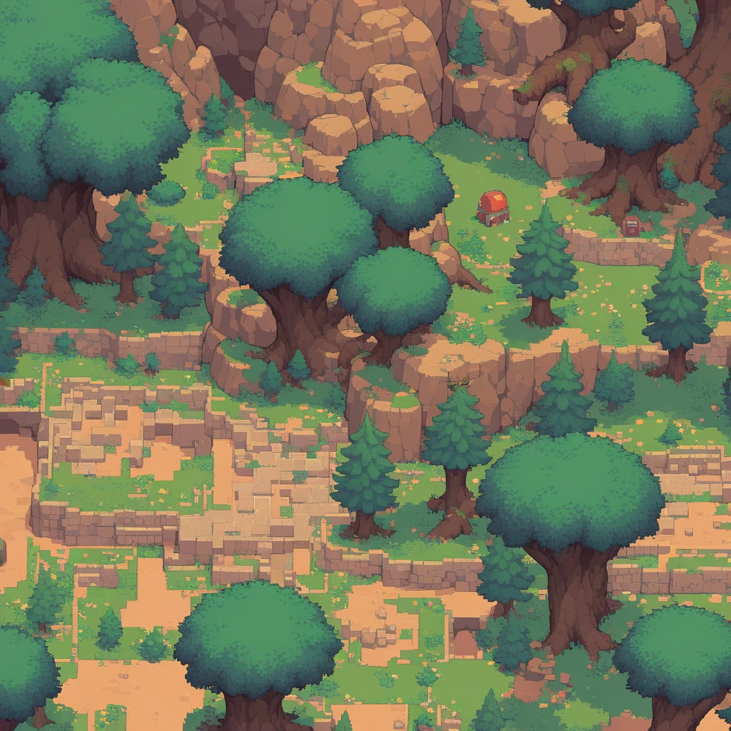 retro video game style,pixelated, vibrant pastel colors,8-bit characters,blocky shapes,sharp lines,detailed shading,classic gaming vibe,nostalgic atmosphere,classic arcade games,masterpiece:1.2,ultra-detailed,illustration style, 2d texture, stone texture, 4 k seamless mud texture, video game texture, dirt texture, tileset, game tiles, grass, trees, rock texture, detailed trees, topdown view, game texture, game art, tileable texture, very detailed cliff texture, intricate stones, top down view, 3/4th perspective