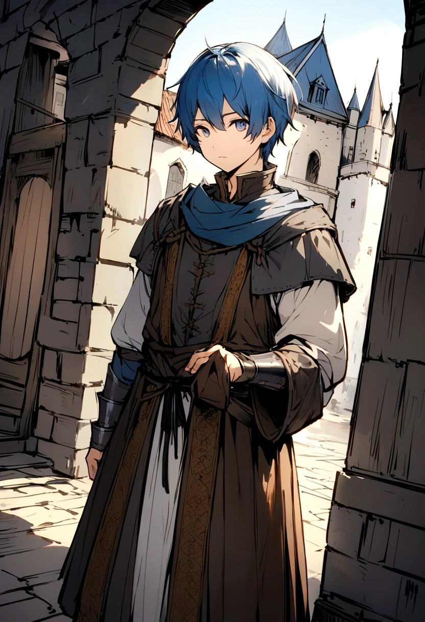 boy。A young man around 15 years old with a slightly mature look.。has a bow in hand。Asian features and blue hair。Eyes are black。tall。Height: about 172 cm。The hair is slightly short。Medieval European style clothing。The background is a medieval European castle, the surface of which is slightly burned.。Photo-like illustrations。