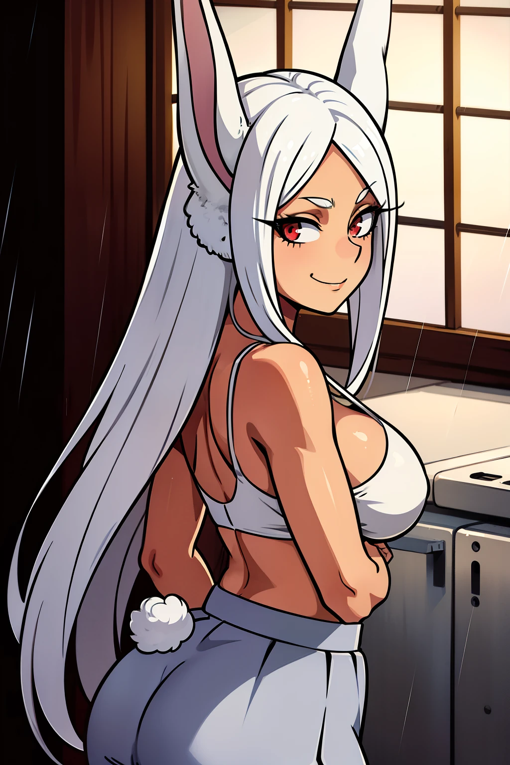 cute girls,round red eyes, White hair、Is behind,rabbit ears,big butt,sexy、smiling,Medium to long straight hairstyle、(big tits,she wears a silver skirt,In a rental house,Is behind,evening,it was raining outside,Upper body is wet..,whole body,she wears a silver skirt,she wears a silver bra,sexy,purpurine