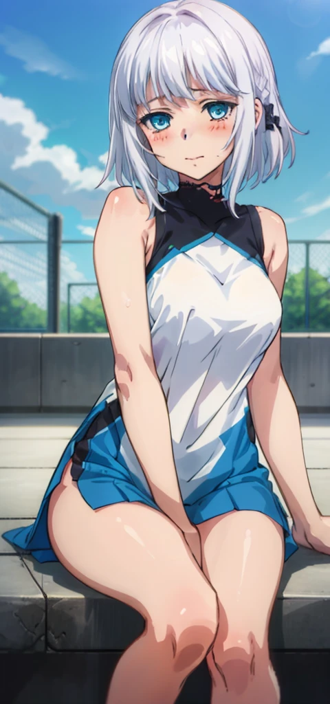 1 girl, kanon kanase, , blush, medium breasts, sleeveless,((stylish outfit)), sitting, 20-year-old, healthy skin. Upper_body.
