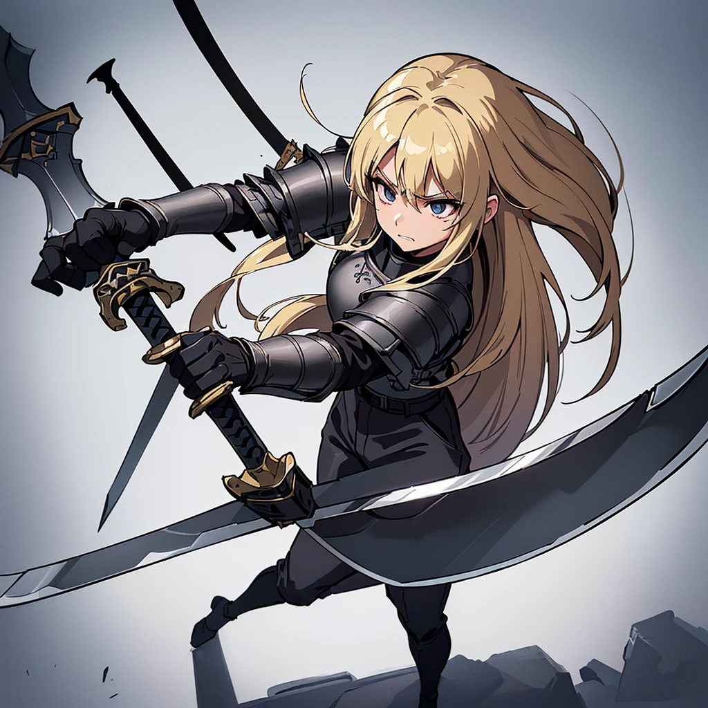(((Solo)))、Highest quality, Best Quality、8K、Best illustrations、(Full body character concept、detailed)、(((Gray simple armor、Black trousers、Black gloves))、(woman、18-year-old)、(Blonde、Long Hair)、(((Grab the sword)))、(Fighting stance,)、Dramatic Angle、(White background)、(From above)、(Clench your teeth)