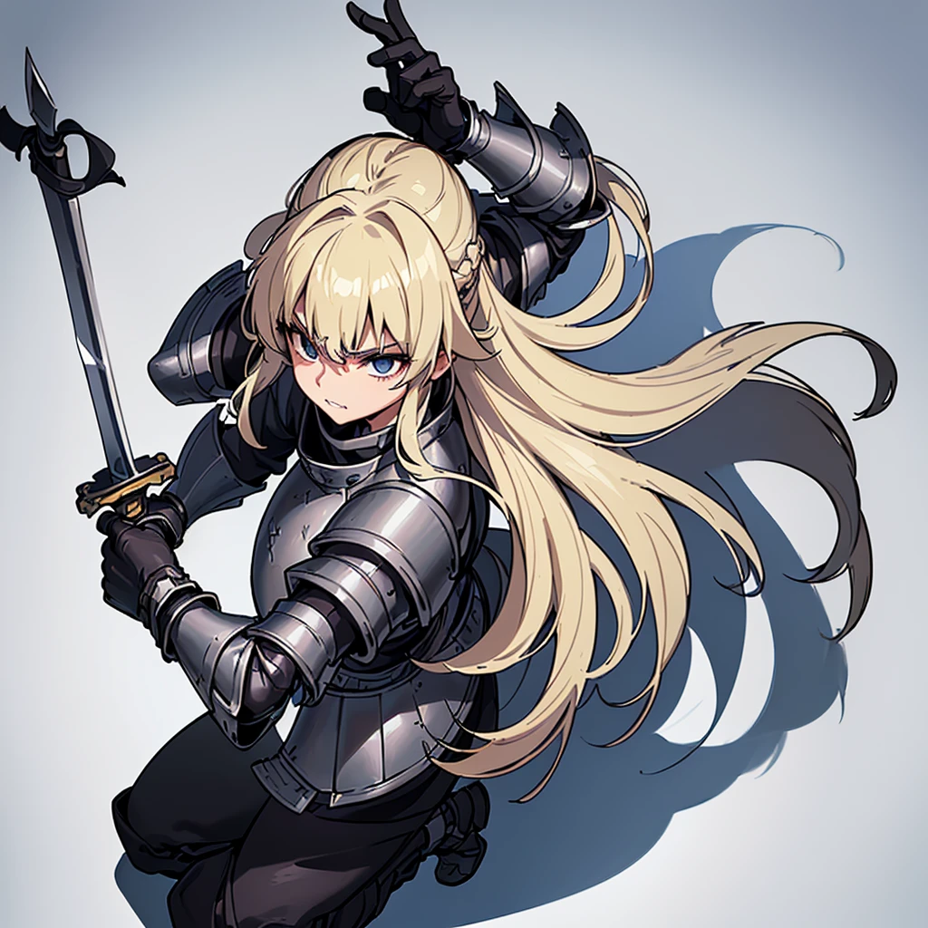 (((Solo)))、Highest quality, Best Quality、8K、Best illustrations、(Full body character concept、detailed)、(((Gray simple armor、Black trousers、Black gloves))、(woman、18-year-old)、(Blonde、Long Hair)、(((Grab the sword)))、(Fighting stance,)、Dramatic Angle、(White background)、(From above)、(Clench your teeth)