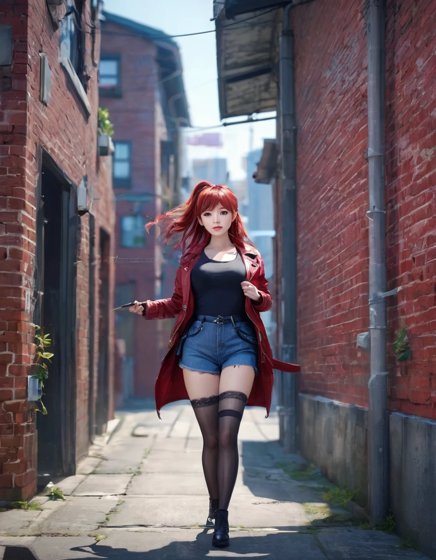 BREAK Perfect Anatomy、Highest quality、(cute:1.1)、(cute)、(High resolution:1.2)、Unbelievably absurd:1.3、Incredible illustrations、(cuteイラスト:1.2)、(Beautiful background、Late Night、Red brick warehouse district)、1gial(Red hair、strong wavy hair、ponytail.( height 1.6meters, chubby 50kg))
,(leather jacket、Short denim、Red Tank Top、Thigh-high stockings)Holding a large knife in his hand、Against the wall、Glaring at me