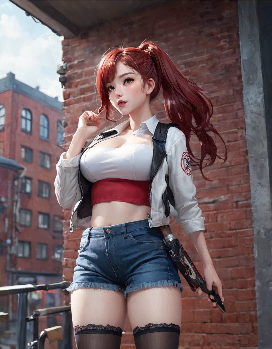 BREAK Perfect Anatomy、Highest quality、(cute:1.1)、(cute)、(High resolution:1.2)、Unbelievably absurd:1.3、Incredible illustrations、(cuteイラスト:1.2)、(Beautiful background、Late Night、Red brick warehouse district)、1gial(Red hair、strong wavy hair、ponytail.( height 1.6meters, chubby 50kg))
,(leather jacket、Short denim、Red Tank Top、Thigh-high stockings)Holding a large knife in his hand、Against the wall、Glaring at me