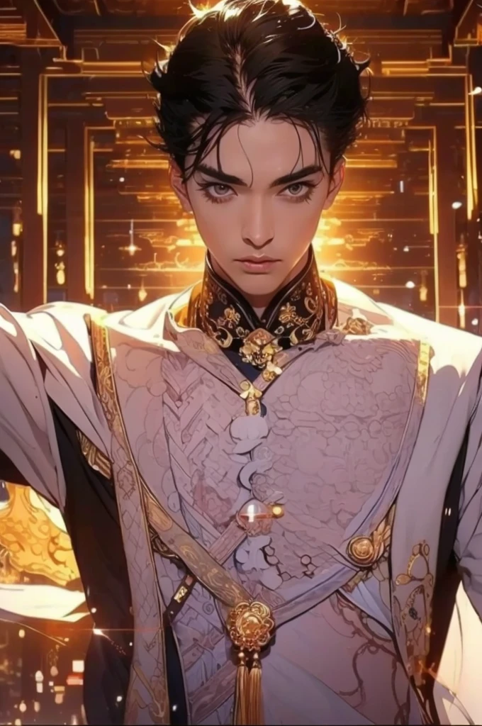 a man in a white robe, black hair, a sword in his left hand, young and handsome man, ponytail, waist-length hair, ancient Chinese clothing, qi, a huge saber, background of ancient Chinese buildings, night, powerful character, purple rays, a beautiful landscape. Detailed face, thick eyebrows, black eyes, 8k, robe embroidered with gold edges, detailed clothing, xianxia, world of cultivation. ((upper body))