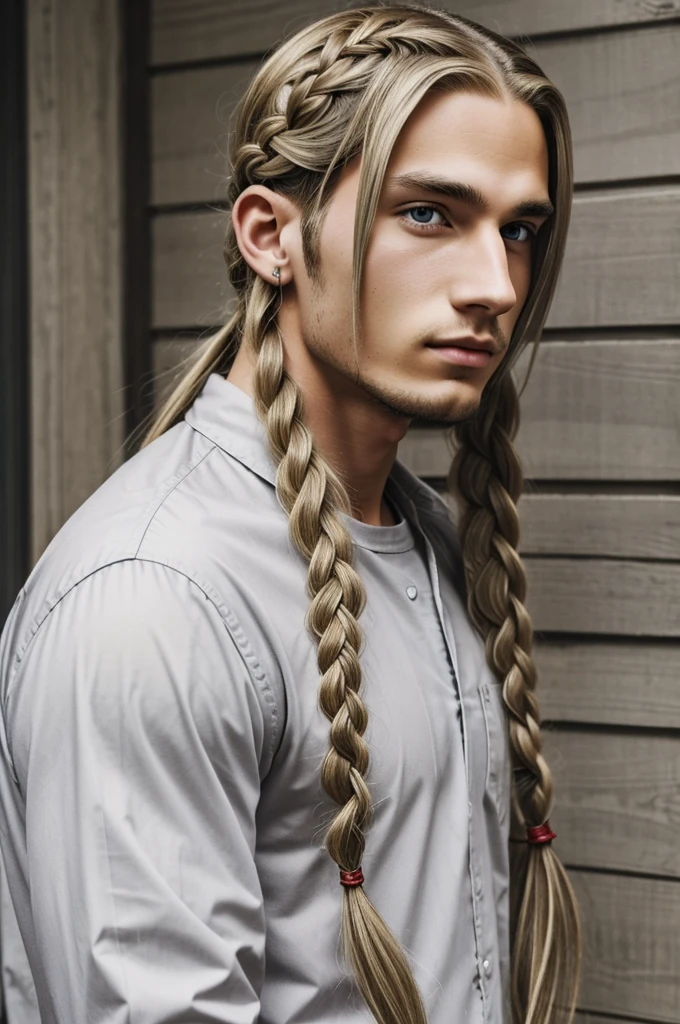 anime, A young man, long dark blonde hair, with braids. With gray eyes and white skin, with tattoos