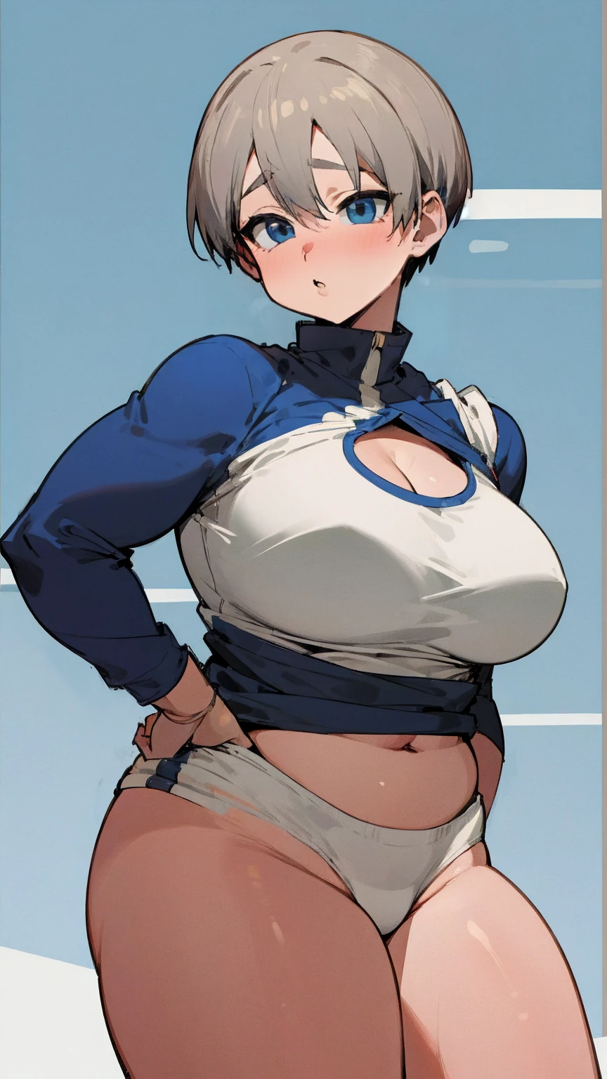 masterpiece, best quality, ultra-detailed, Potrait of beautiful , (chubby) (muscular), (plump), (sexly), (cleavage), ((tomboy)), (アニメ), (Breasts), (Plump), ((very short hair)), ((Uzaki Hana)), (overweight), (Gray Hair), ((Saggy breasts)), (blue eyes), (Short Hair), (blue eyes), ((thick)), ((fullbody)), (PE uniform), (Gym suit), (Bloomers)