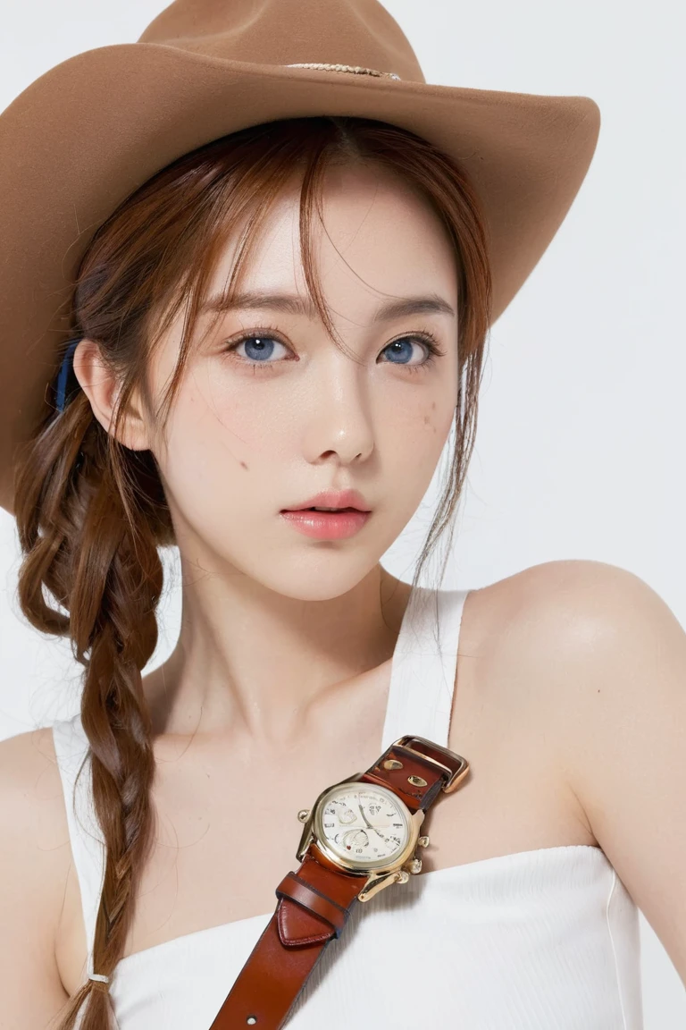 (((NSFW:1.8))),(((Nude:1.8))),score_9, score_8_superior, score_7_superior, とてもbeautiful, sauce_anime, detailed, high quality, beautiful, masterpiece, detailed eyes,((White monochrome background)),((Alluring face:1.2)) Hat Adjustment,Redhead, ponytail, blue eyes, freckles, Side Lock,Watch on wrist,(((brown gun belt:1.5))),Cowboy hat, Cowboy boots, PDXL ,((Full Body Shot:1.8)),((Drunk:1.5))